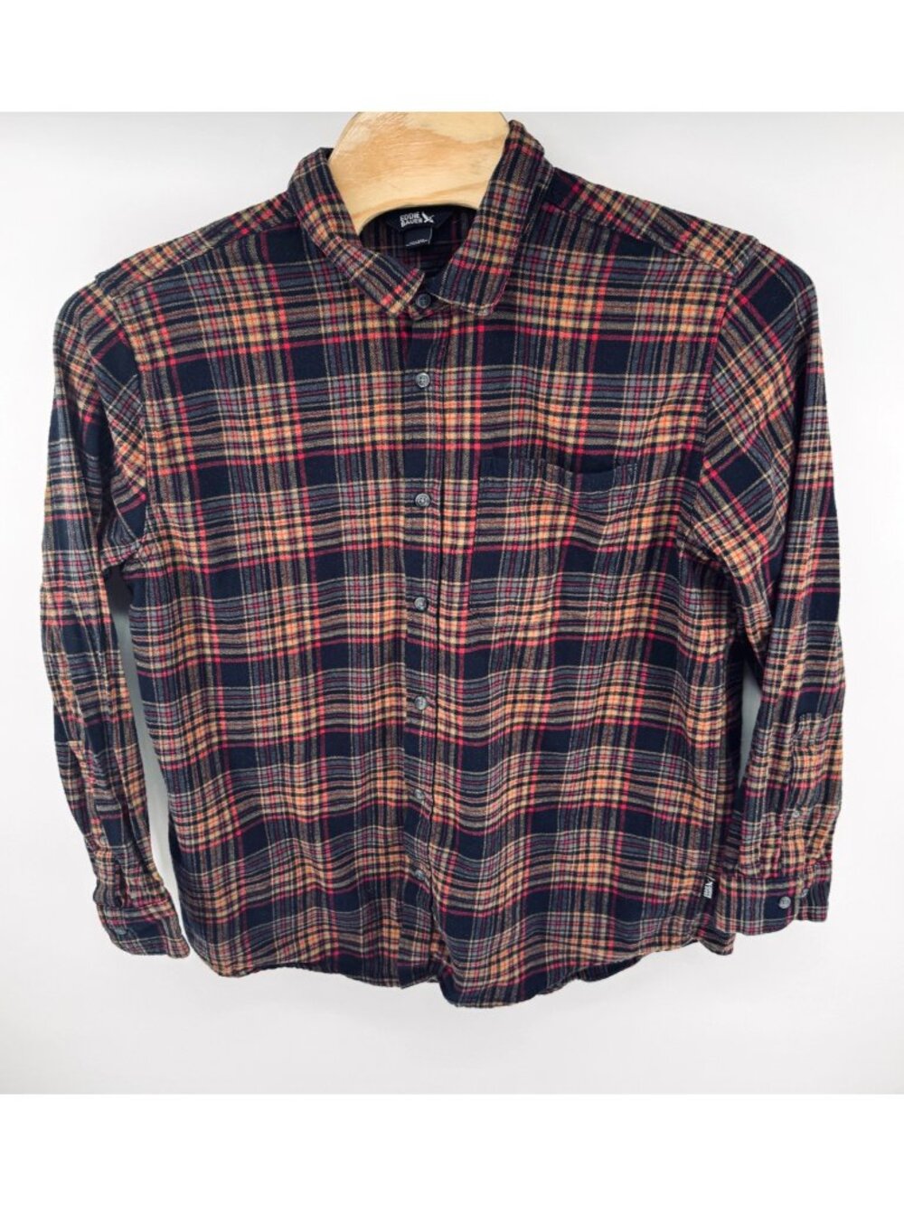 Eddie Bauer Mens XXL Flannel Shirt Ohio Plaid Night Sky Black Red Yellow Cotton